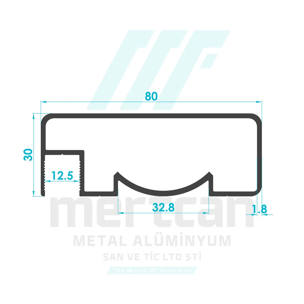 30x80 mm Articulated Front Glass Channel Handrail Profile