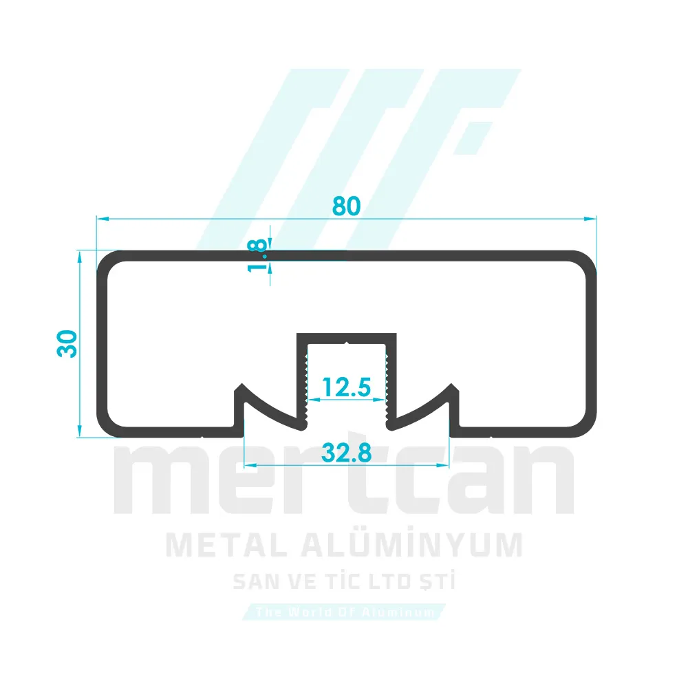 30x80 mm Articulated Center Glass Channel Handrail Profile