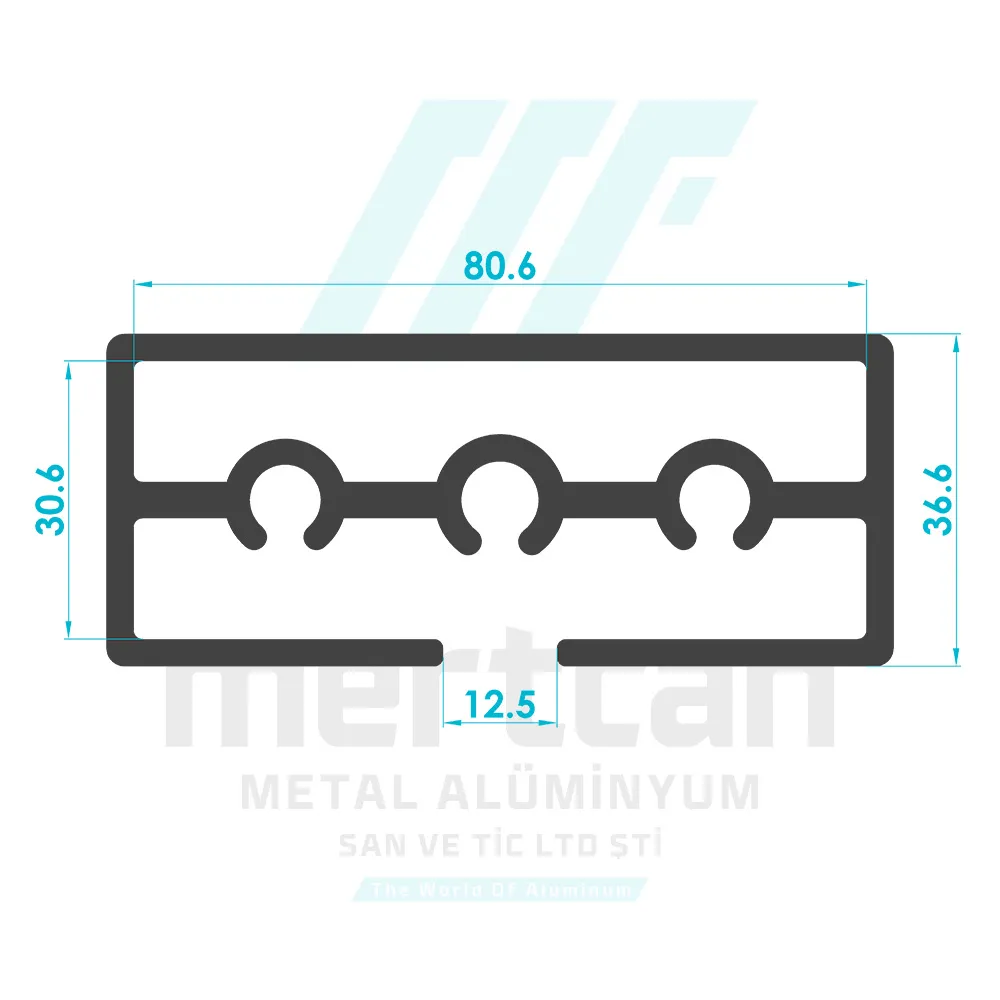 30x80mm Internal Hole Center Glass Channel Wall Flange Profile