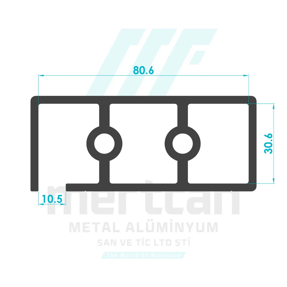 30x80mm Internal Hole Front Glass Channel Wall Flange Profile