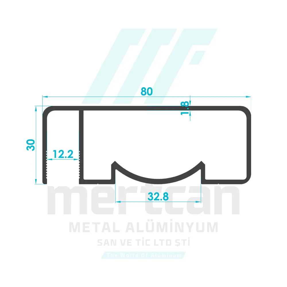 30x80 mm Articulated Front Glass Channel Handrail Profile
