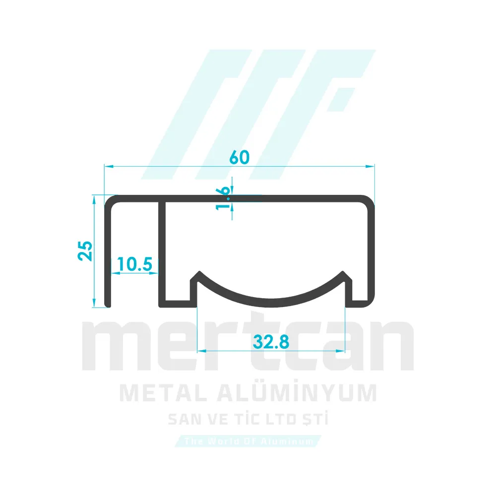25x60 mm Articulated Front Glass Channel Handrail Profile