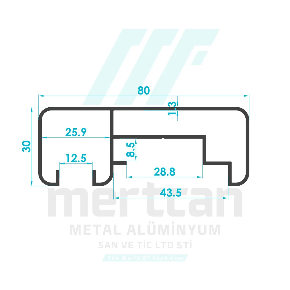 30x80 mm Threaded Rod Compatible Front Glass Channel Handrail Profile