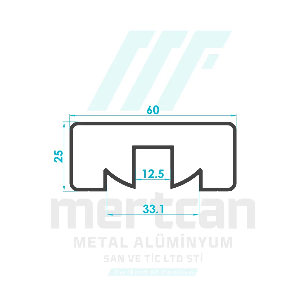 25x60 mm Articulated Center Glass Channel Handrail Profile