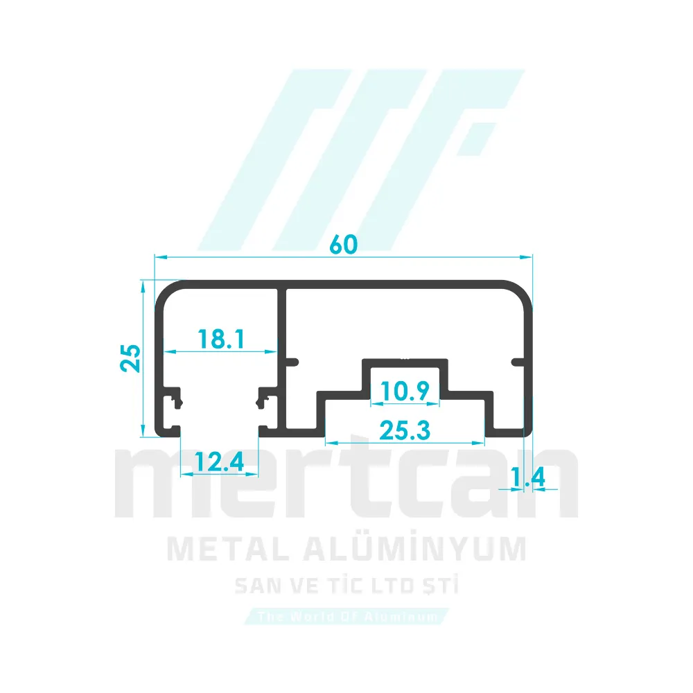 25x60 mm Threaded Rod Compatible Front Glass Channel Handrail Profile